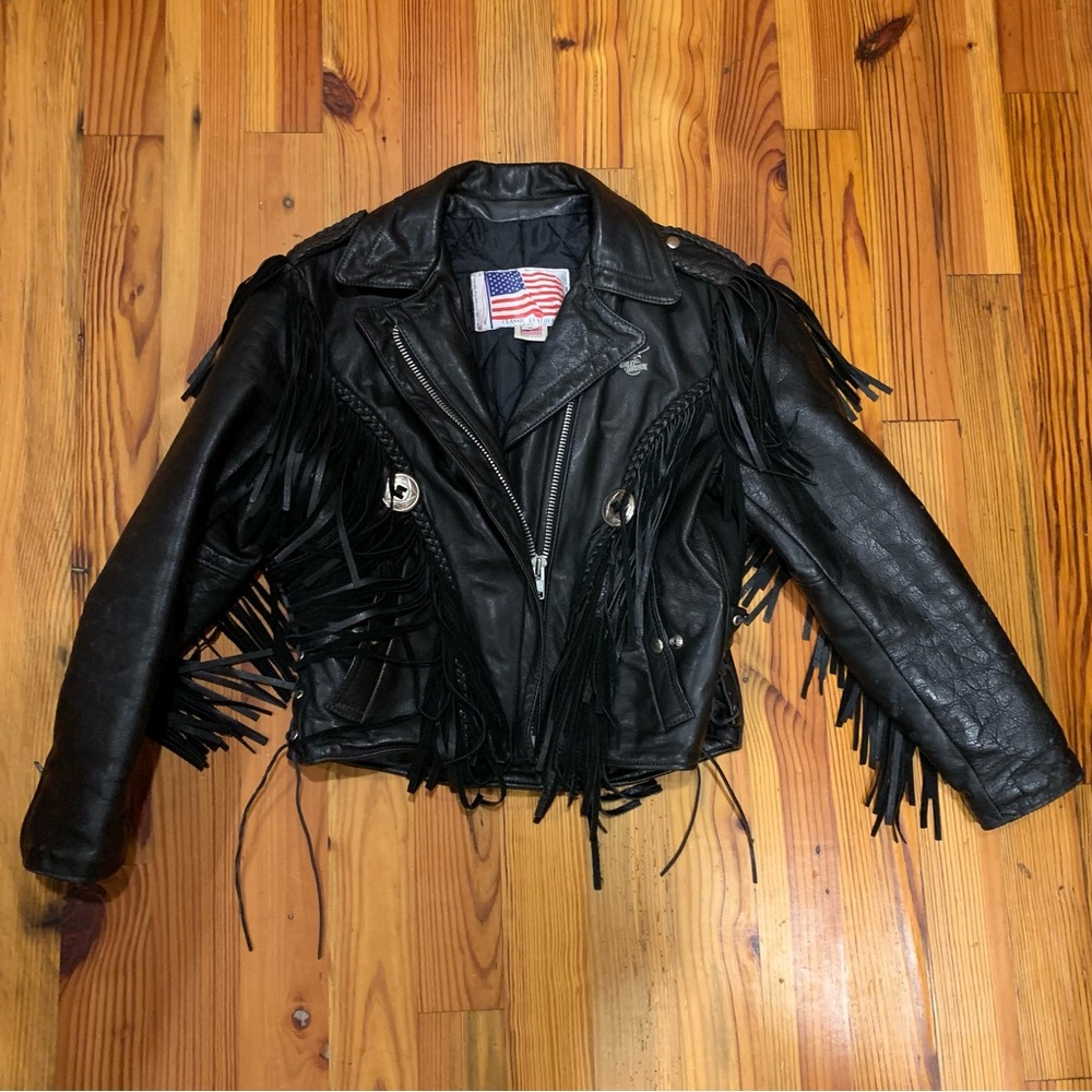 Classic Leather Made in USA BLACK Fringe Biker Jacket & Harley-Davidson Pin
